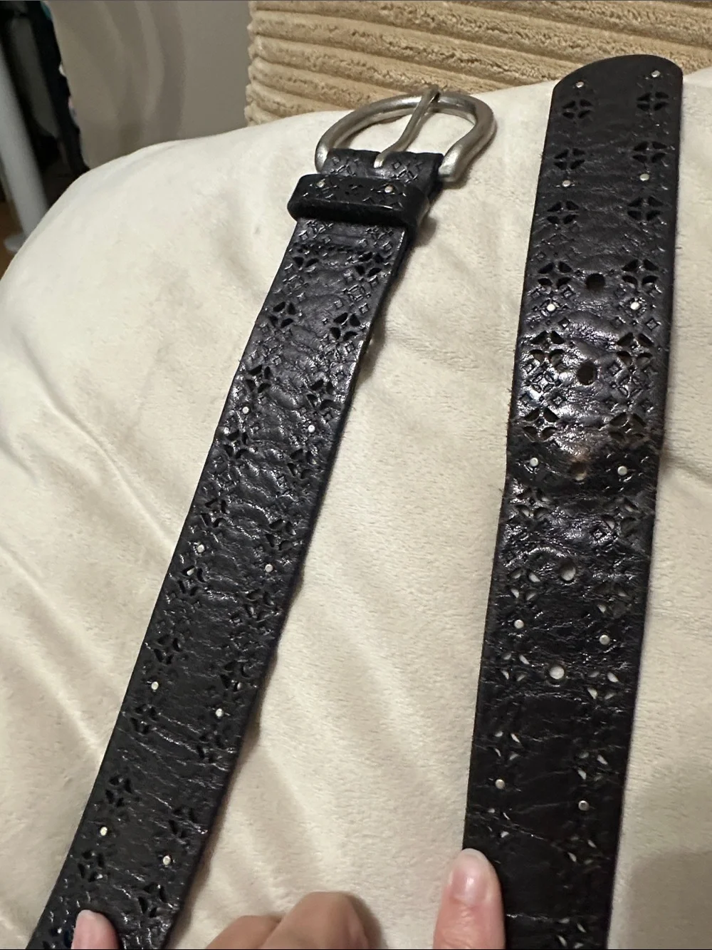 Fossil Black Laser-Cut Leather Belt with Silver Ring Buckle